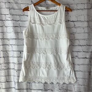 Talbots Crotchet Detail White Sleeveless Cotton High Neck Tank Top Size Large